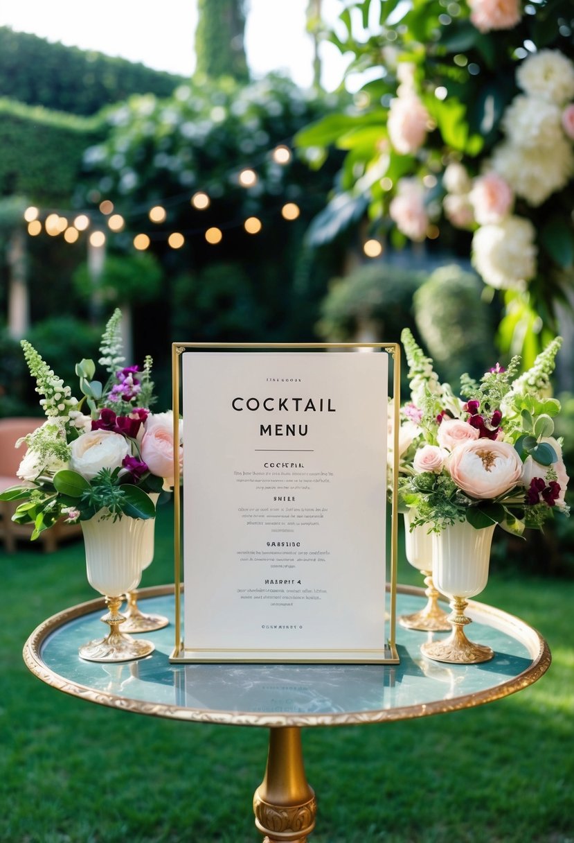 A stylish cocktail menu displayed on a vintage table in a lush garden setting with elegant floral arrangements and soft ambient lighting