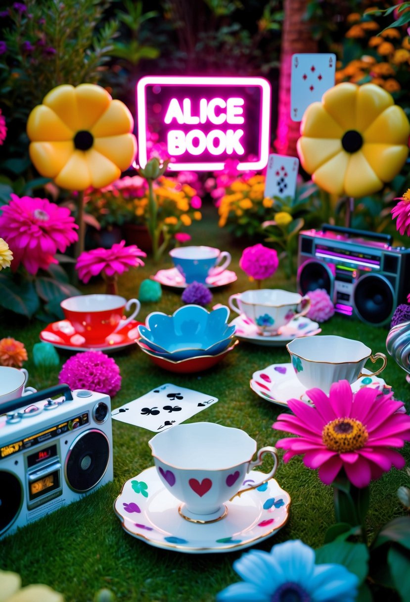A colorful garden with mismatched teacups, playing cards, and oversized flowers. Neon signs and boomboxes add a 90s vibe to the whimsical Alice in Wonderland tea party