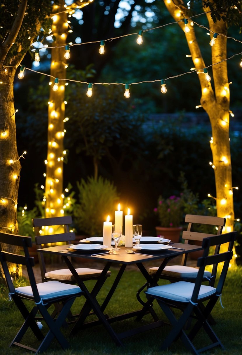A cozy garden setting with fairy lights strung among the trees and candles illuminating a small table set for six