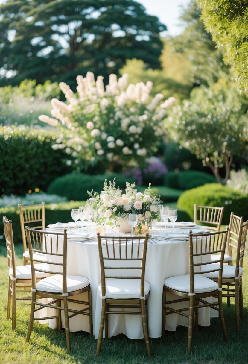 A table set with delicate floral centerpieces surrounded by six chairs in a lush garden setting
