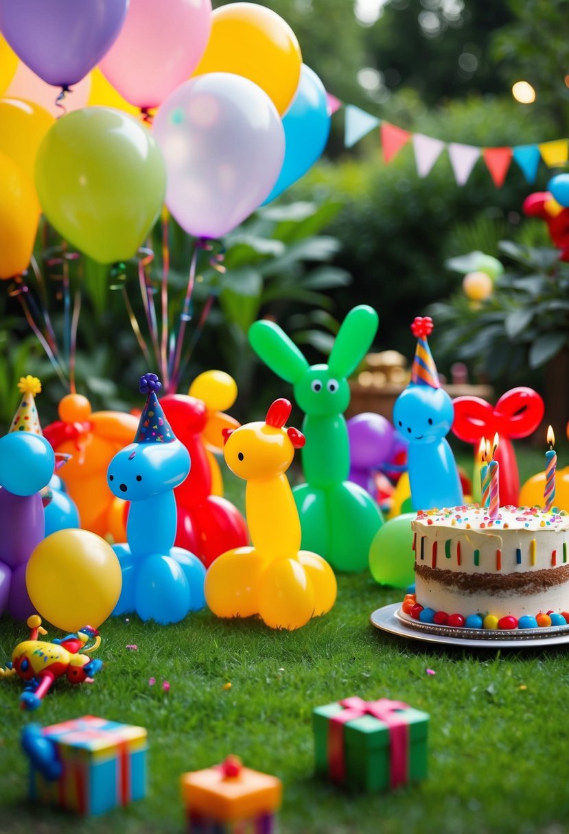 Colorful balloon animals scattered in a lush garden, surrounded by toys and a festive birthday cake