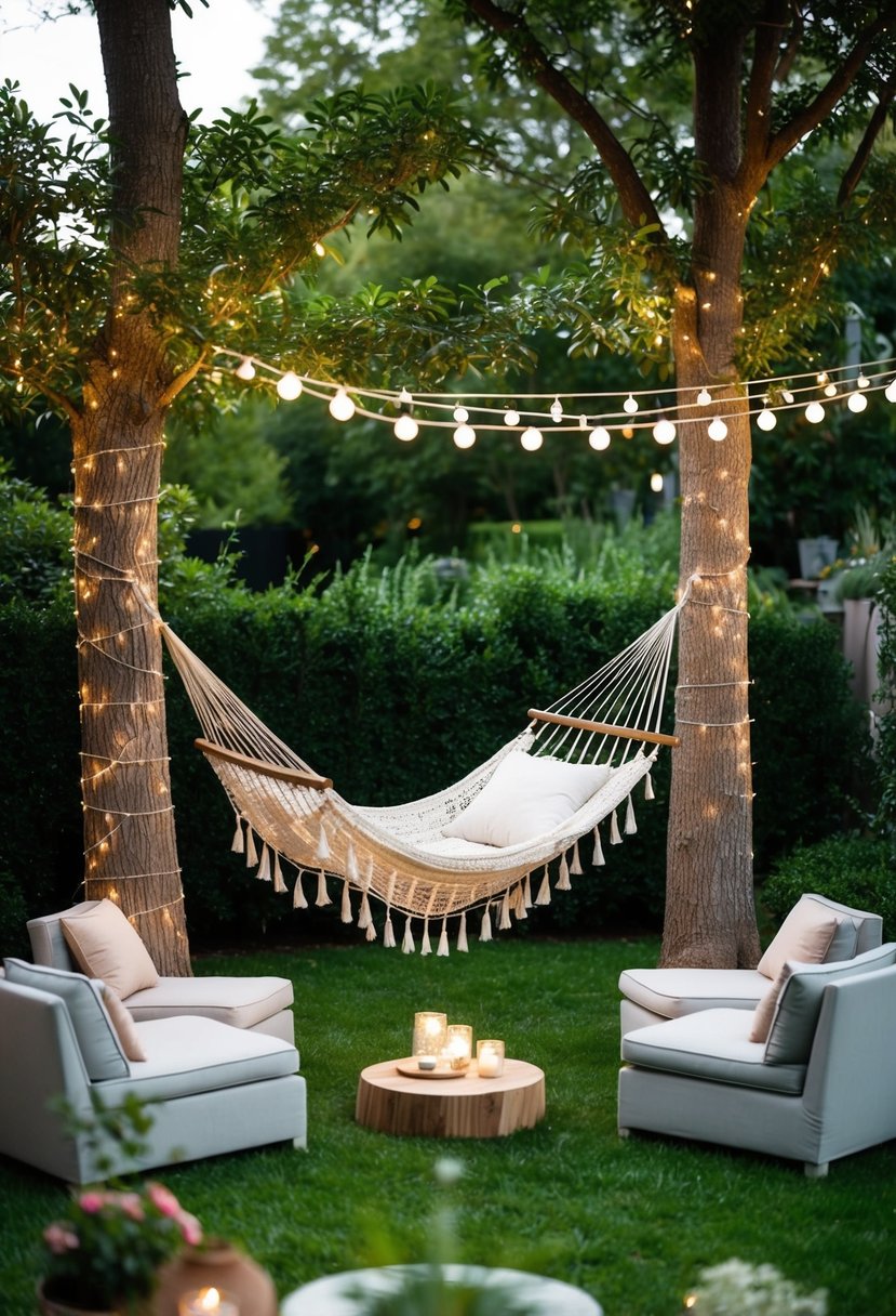 A hammock nestled between two trees in a lush garden, adorned with fairy lights and surrounded by comfortable seating for a cozy couples' garden party