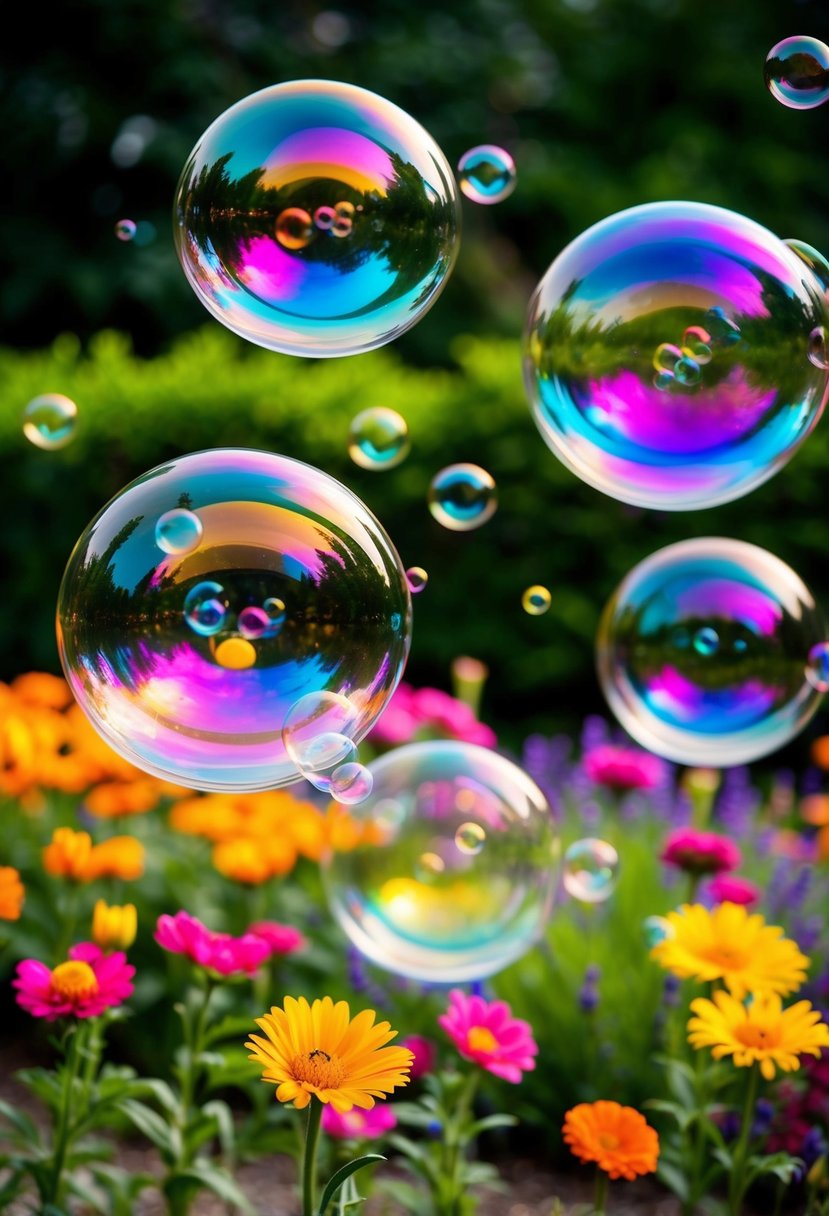 A colorful garden with oversized bubbles floating in the air, surrounded by vibrant flowers and playful animal-shaped bubble wands