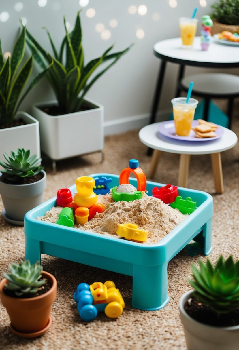 A mini sandbox filled with colorful toys and surrounded by small potted plants. A small table with snacks and drinks sits nearby