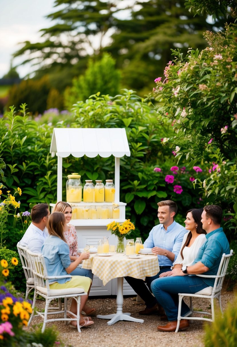 A quaint garden setting with a small lemonade stand, surrounded by lush greenery and colorful flowers, with a table set for six people enjoying a cozy outdoor gathering