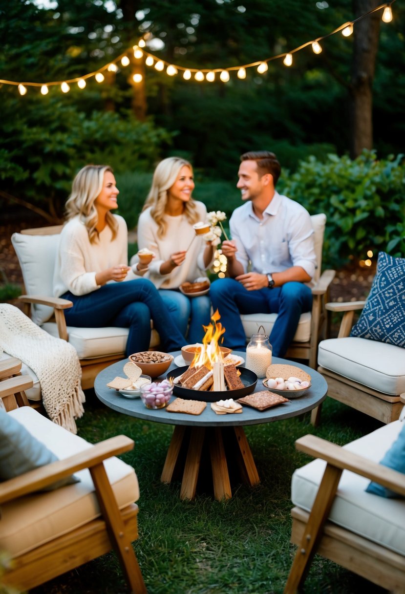 A cozy garden set-up with a table holding a variety of s'mores ingredients, surrounded by fairy lights and comfortable seating for couples