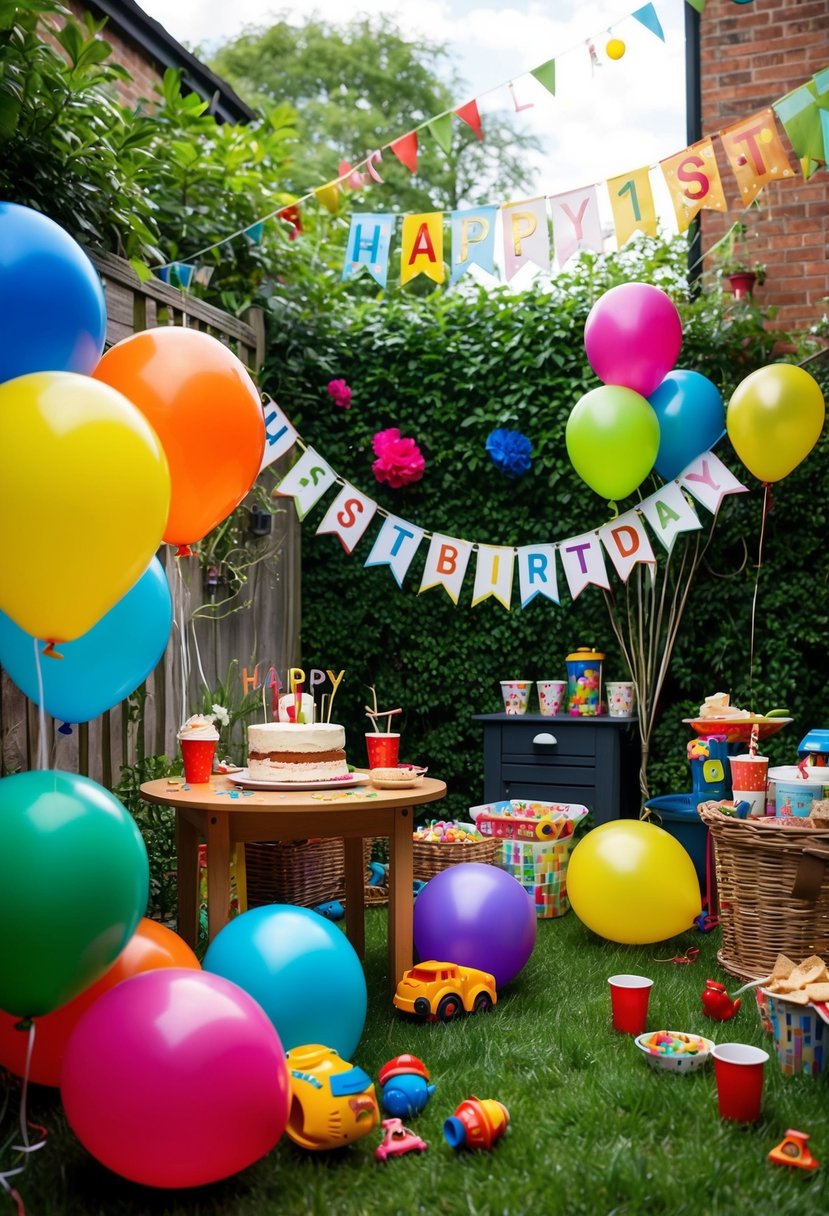 A lively garden party with colorful balloons, a small cake, and toys scattered around a cozy corner. A banner reads "Happy 1st Birthday" above a table set for snacks and drinks