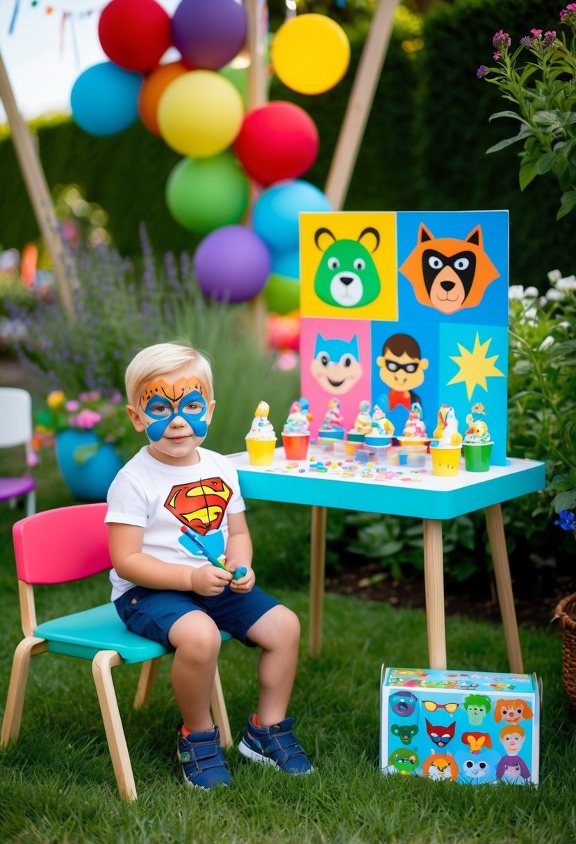 A colorful face painting station set up in a garden with a variety of animal and superhero designs for a 1 year old boy's birthday party