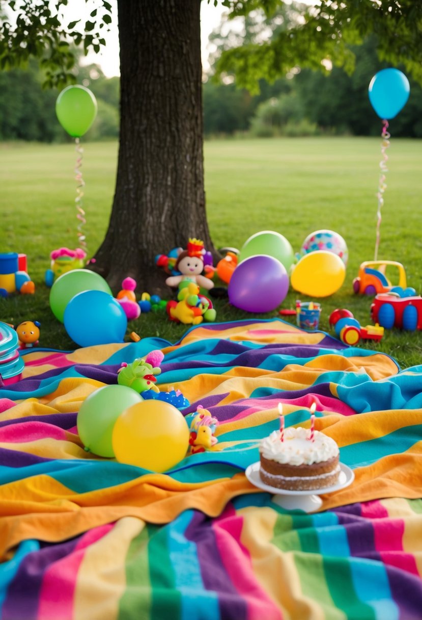 Colorful picnic blankets spread under a tree, surrounded by toys and balloons. A small cake with a single candle sits on a table