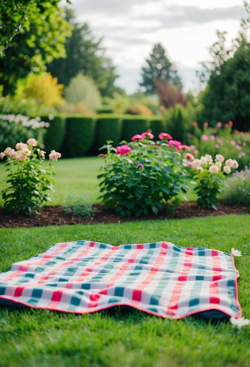 A picnic blanket laid out on a lush green lawn, surrounded by blooming flowers and a quaint garden setting