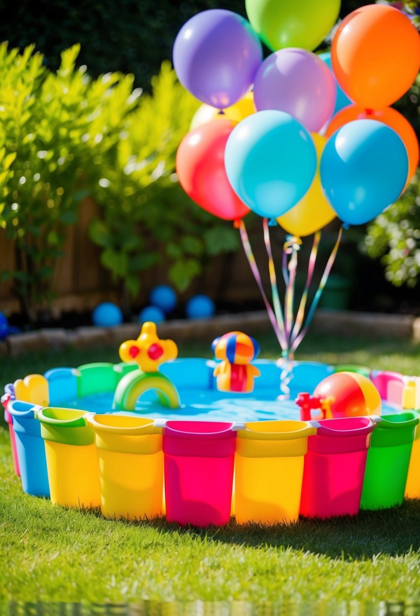 A colorful kiddie pool surrounded by toys and balloons in a sunny garden setting