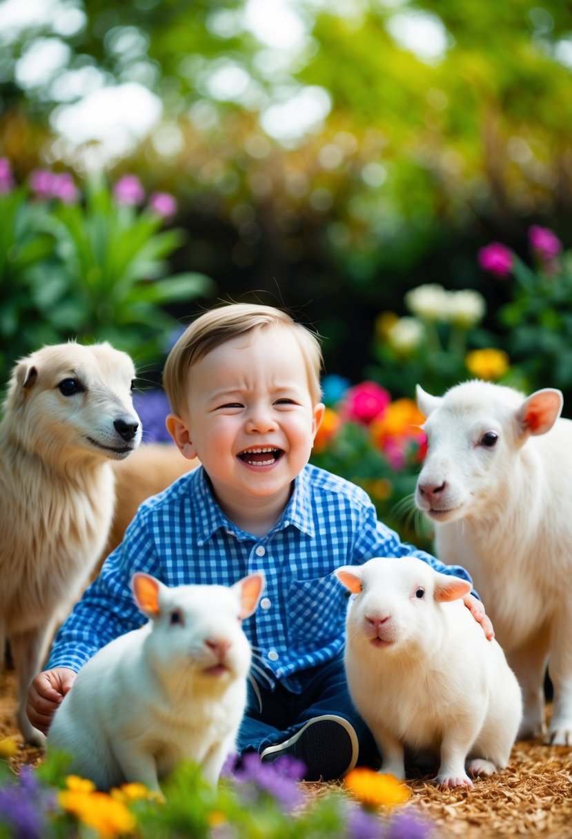 A small boy giggles while surrounded by gentle animals in a colorful garden setting