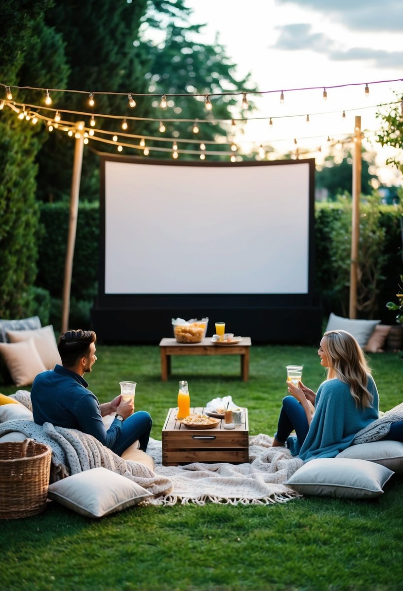 A cozy garden set up with a large screen, string lights, blankets, and pillows. Couples sitting and enjoying the movie