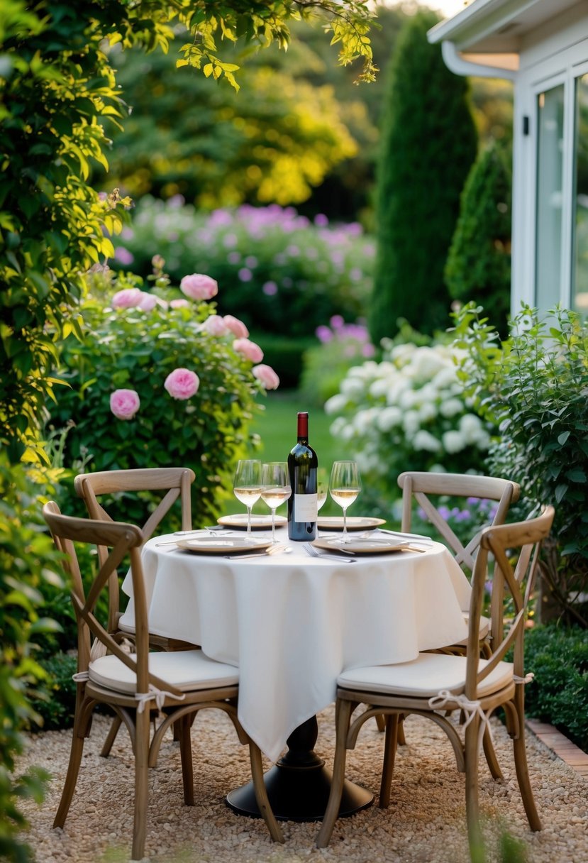 A cozy garden setting with a table set for wine tasting, surrounded by lush greenery and blooming flowers