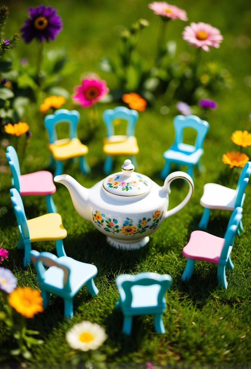 A small tea set arranged on a grassy garden with colorful flowers and tiny chairs for a 1-year-old boy's party