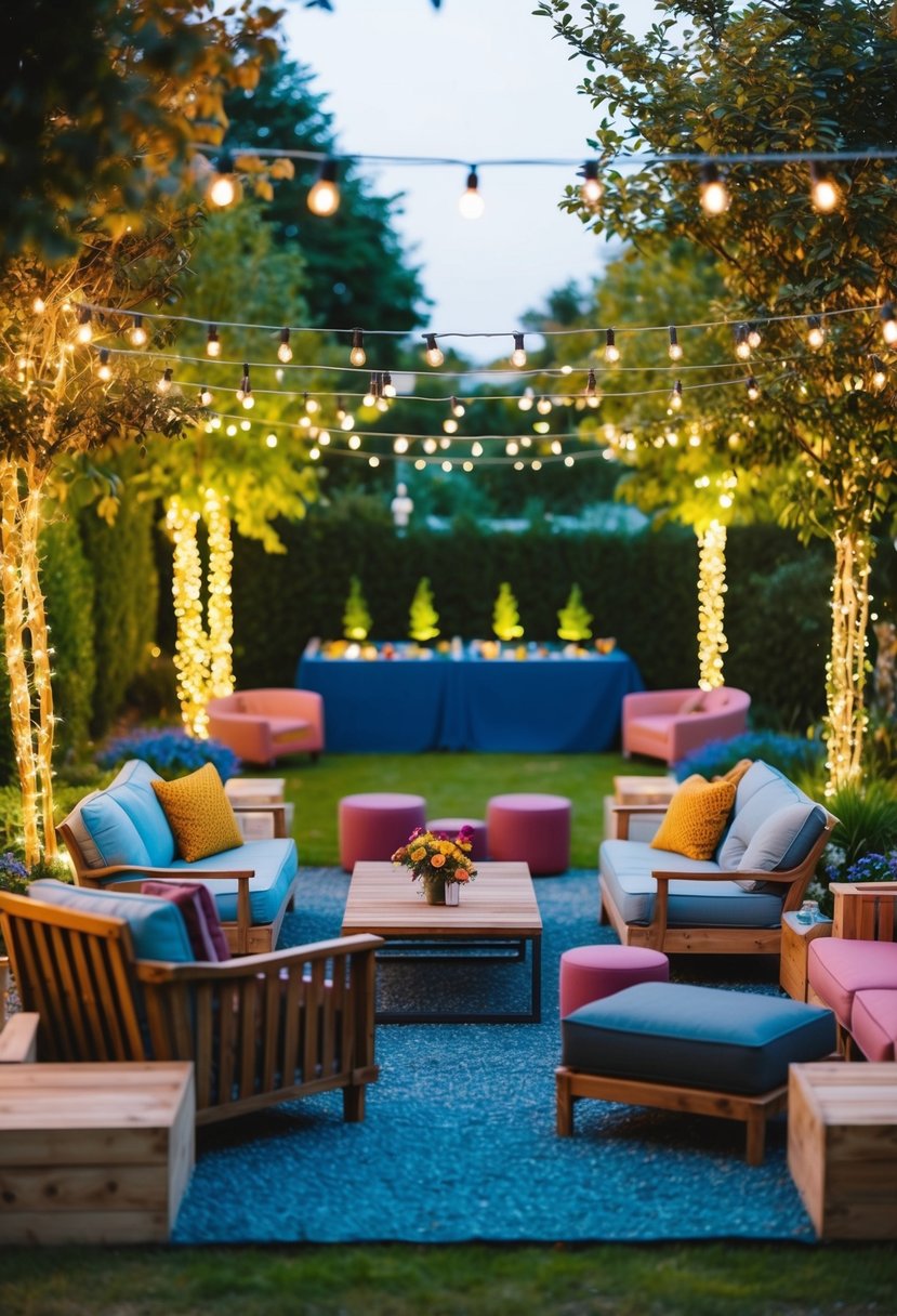 A colorful garden with twinkle lights, cozy seating, and game stations set up for couples to enjoy