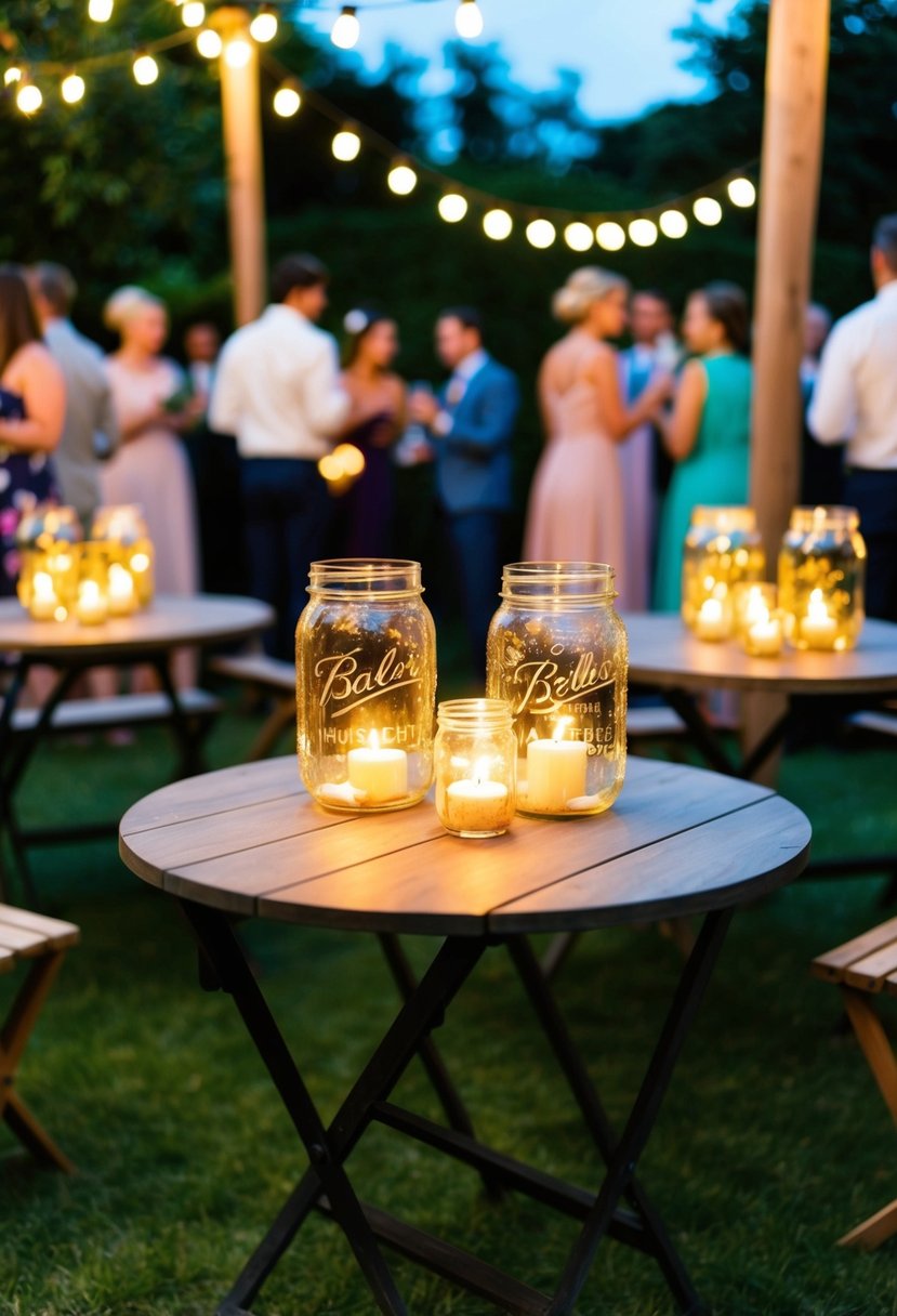 A garden party with mason jar candles illuminating the space, creating a romantic and cozy atmosphere for a wedding celebration