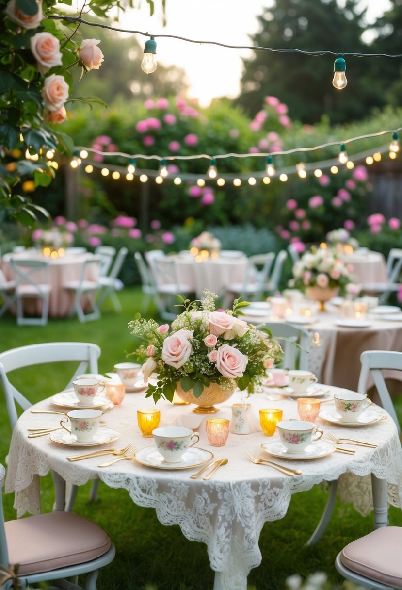A charming garden party with vintage tea cups, floral centerpieces, and lace tablecloths set among blooming roses and twinkling string lights