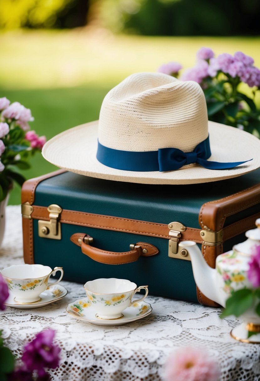 A Panama hat with a ribbon sits atop a vintage suitcase surrounded by blooming flowers and a tea set on a lace tablecloth