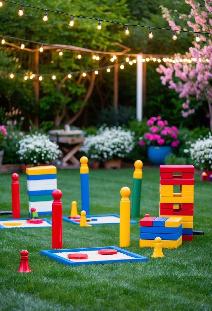 A garden filled with lawn games like croquet, cornhole, and giant Jenga, surrounded by blooming flowers and twinkling string lights
