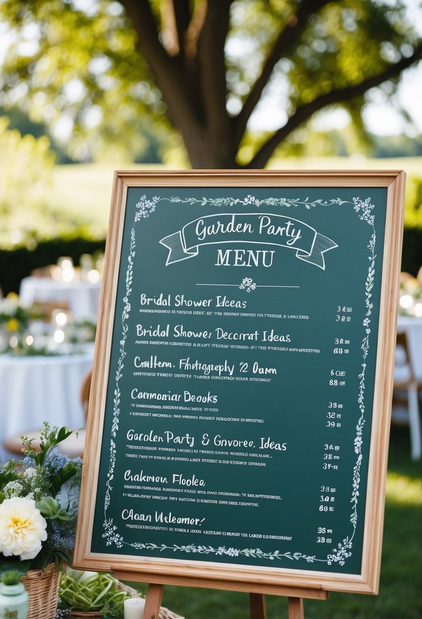 A chalkboard menu displays garden party bridal shower decoration ideas