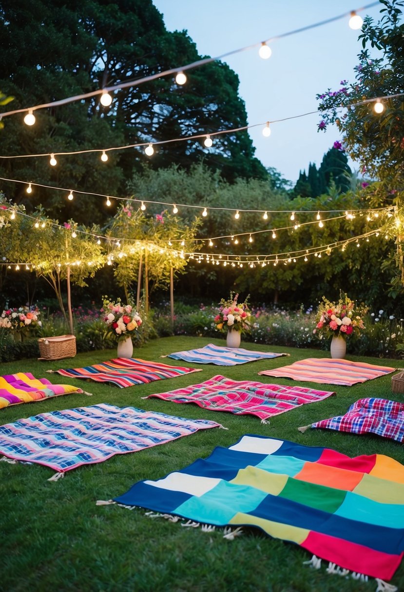 Colorful picnic blankets spread across a lush garden, adorned with flowers and twinkling lights, setting the scene for a whimsical wedding celebration