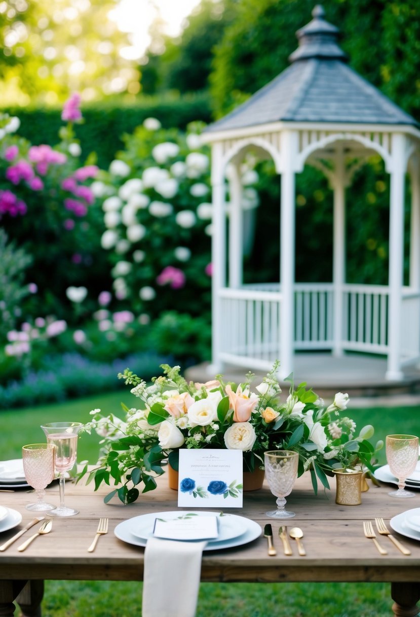 A lush garden with blooming flowers, a charming gazebo, and elegant watercolor invitations displayed on a rustic table for a romantic wedding celebration