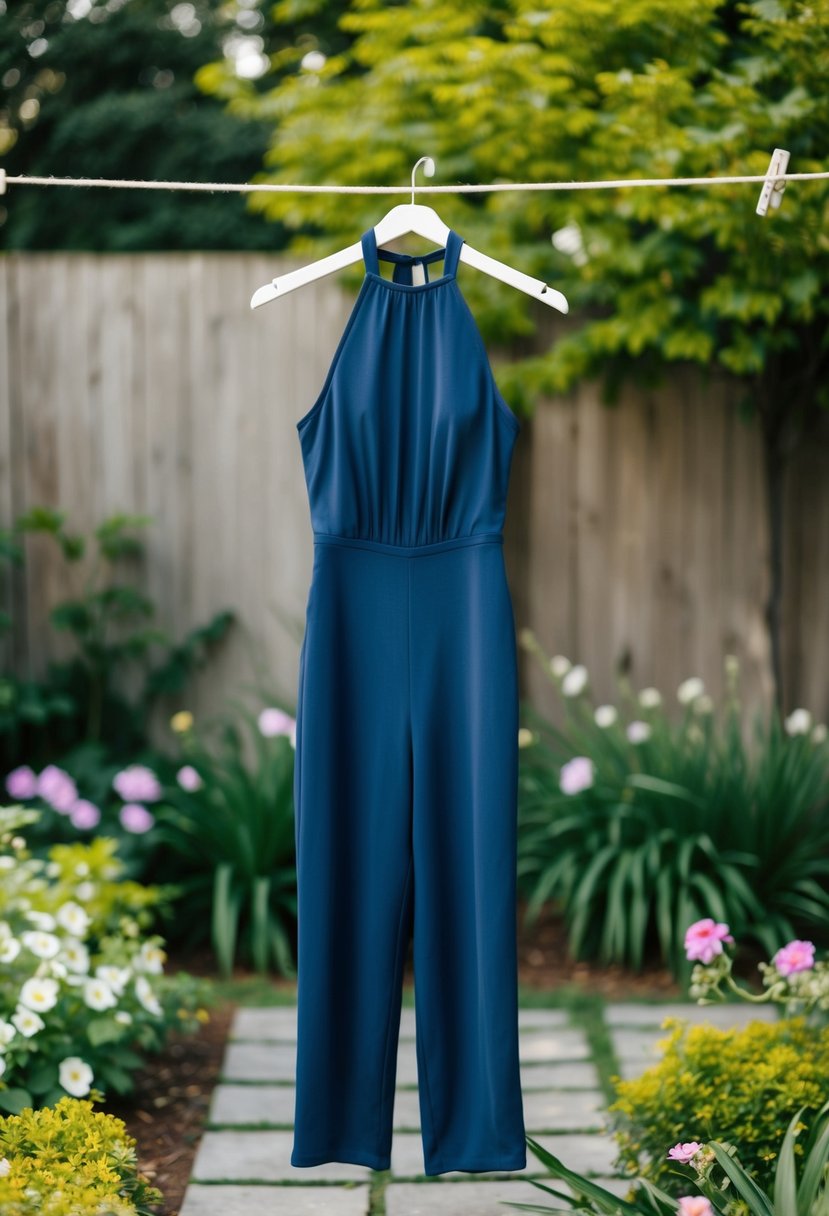 A navy halter neck jumpsuit hanging on a clothesline in a lush garden with blooming flowers and a wooden fence in the background