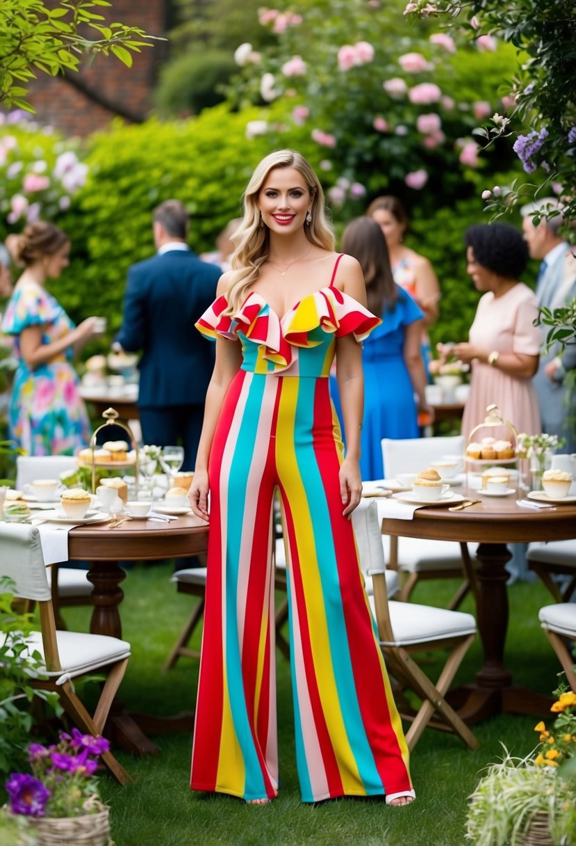 A garden party scene with a colorful wide-leg ruffle jumpsuit, surrounded by blooming flowers and greenery. Tables set with tea and pastries, and guests mingling in the background