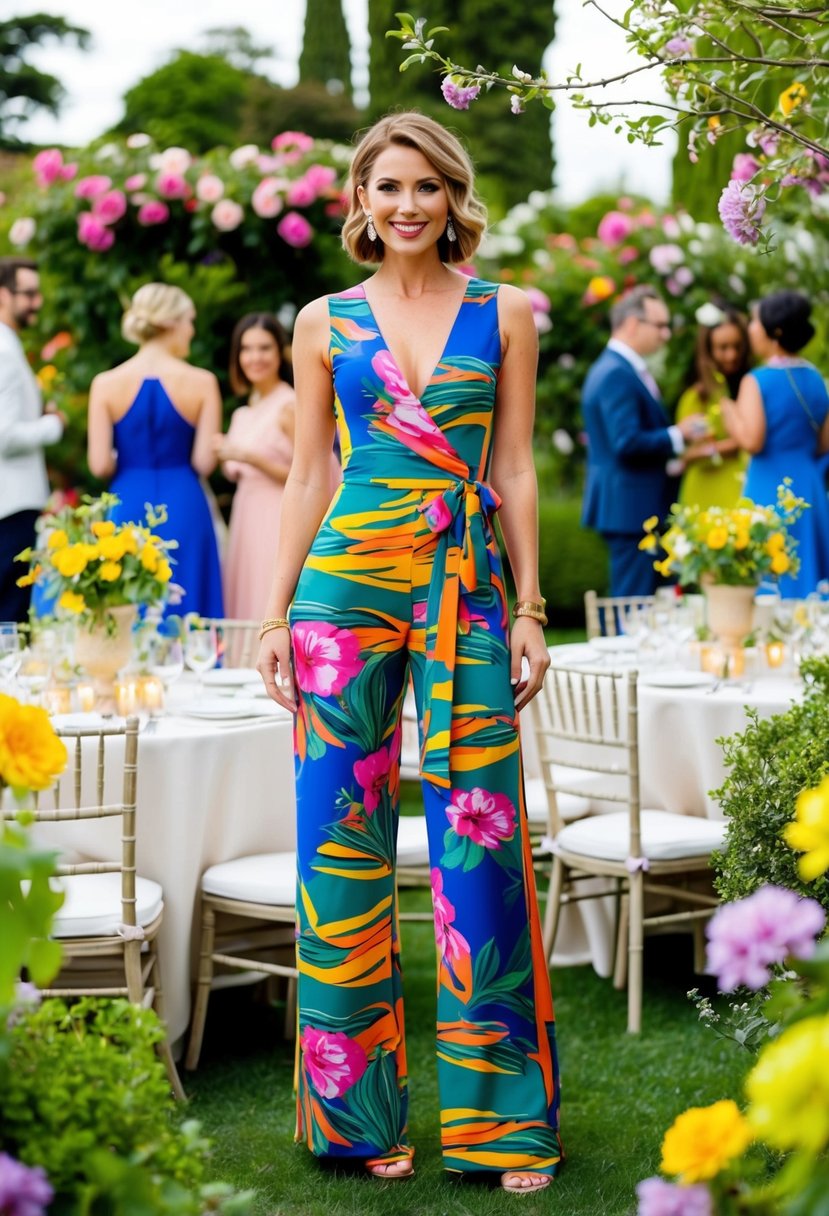 A colorful garden with a printed wrap front jumpsuit, surrounded by blooming flowers and greenery. Tables set with elegant decor and guests mingling in the background