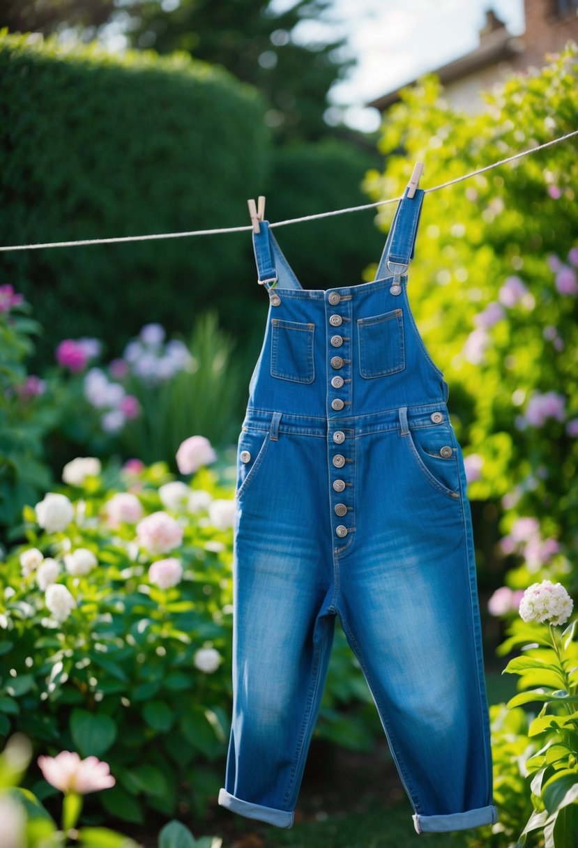 A denim button-up jumpsuit hanging on a clothesline in a lush garden, surrounded by blooming flowers and greenery