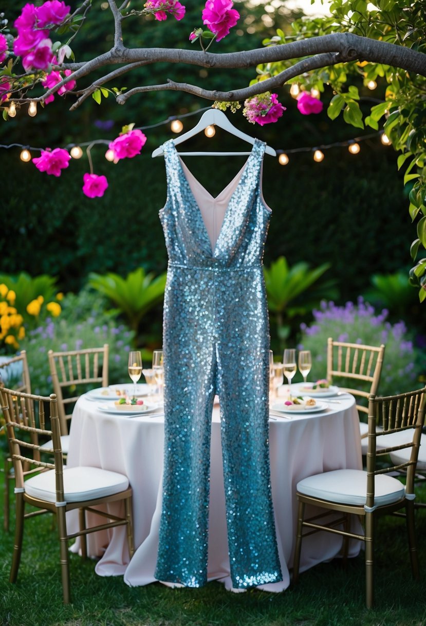 A vibrant garden with blooming flowers, twinkling fairy lights, and a table set with champagne glasses and hors d'oeuvres, showcasing a sequin embellished jumpsuit hanging from a tree branch