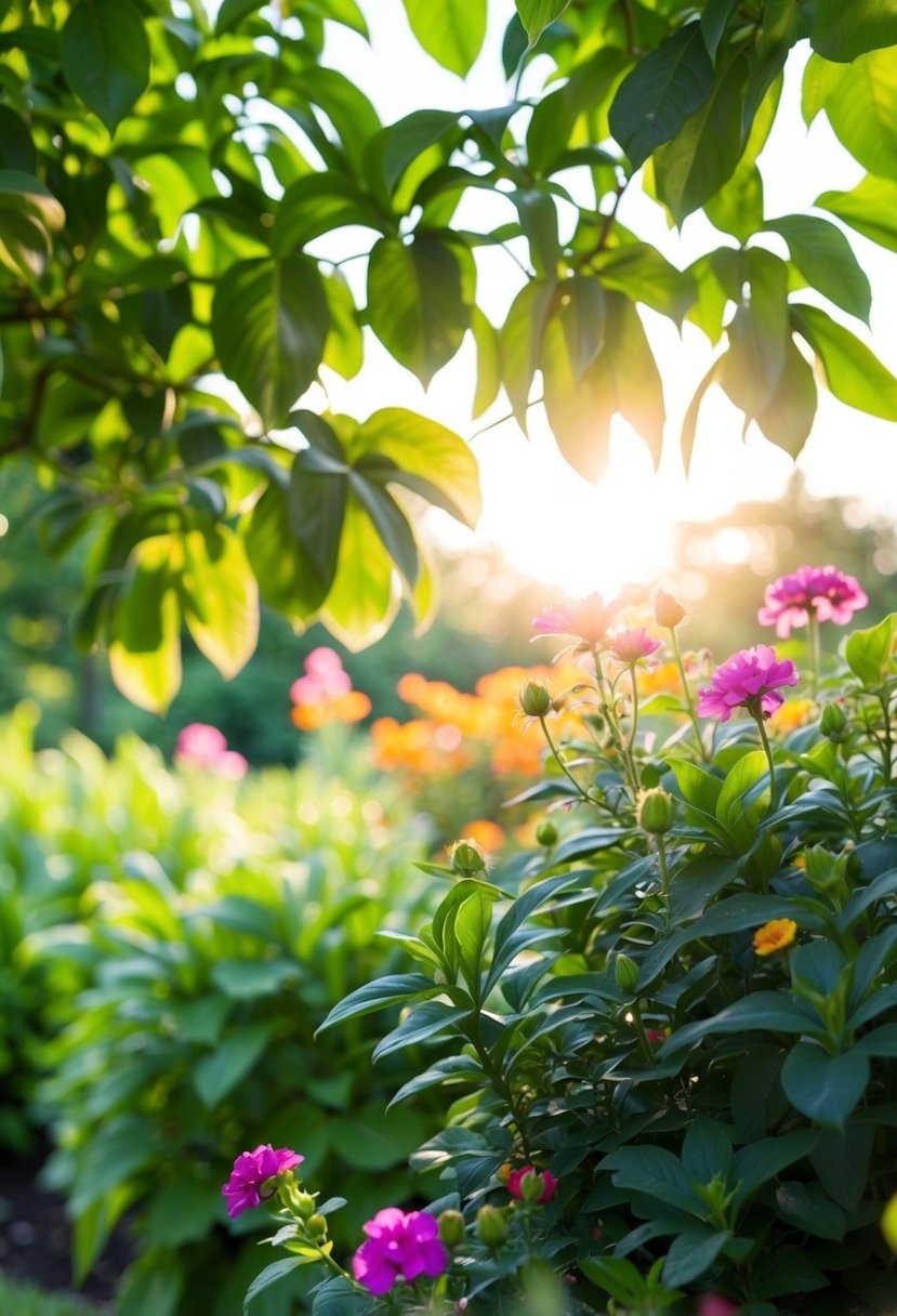 A lush garden setting with soft sunlight filtering through the leaves, highlighting the vibrant colors of flowers and foliage