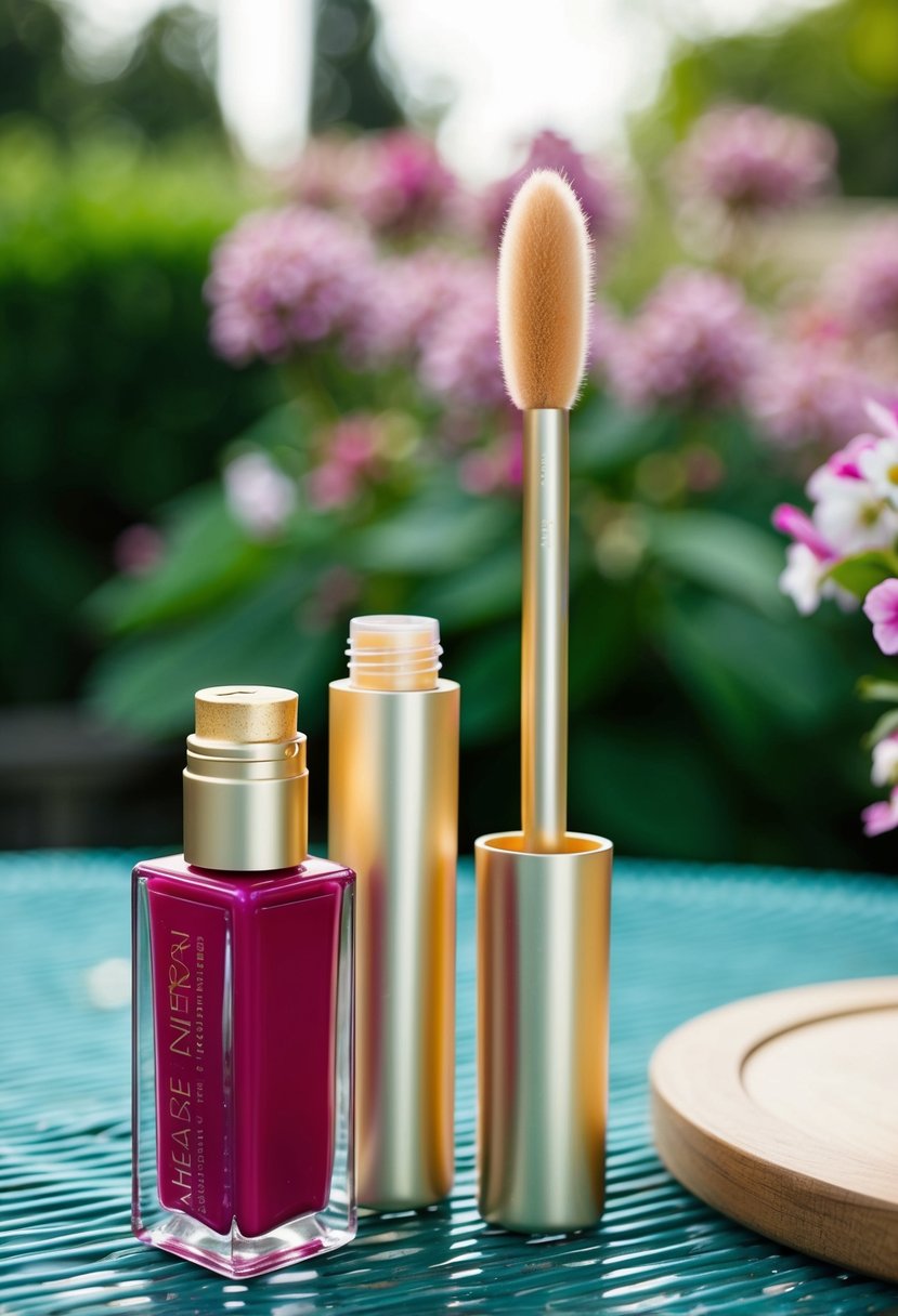 A gold highlighter brush and a berry lip gloss on a garden table