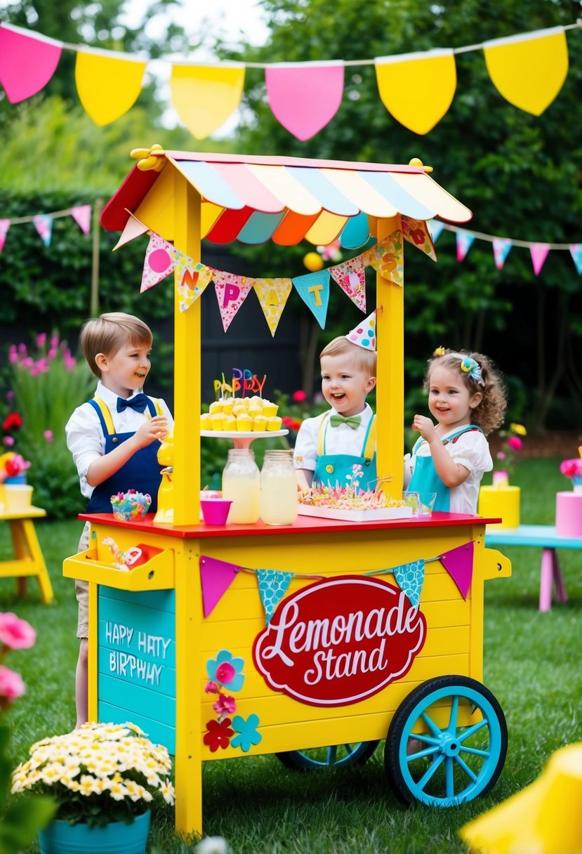 A colorful lemonade stand surrounded by vibrant flowers and playful decor, with children enjoying a garden party birthday celebration