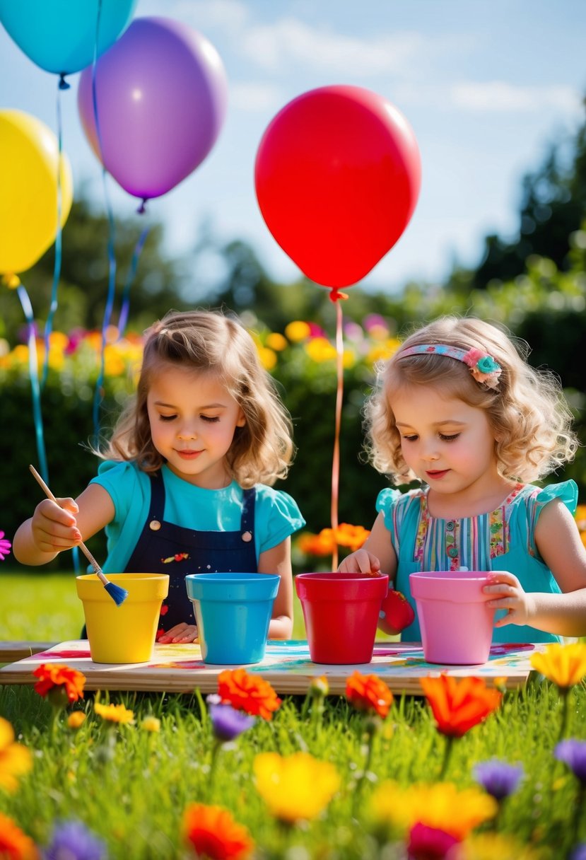 Children painting flower pots in a sunny garden, surrounded by colorful flowers and balloons