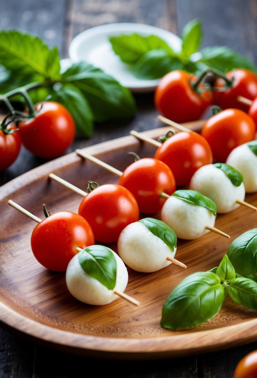 Fresh cherry tomatoes, basil leaves, and mozzarella balls skewered on bamboo sticks, arranged on a wooden serving platter