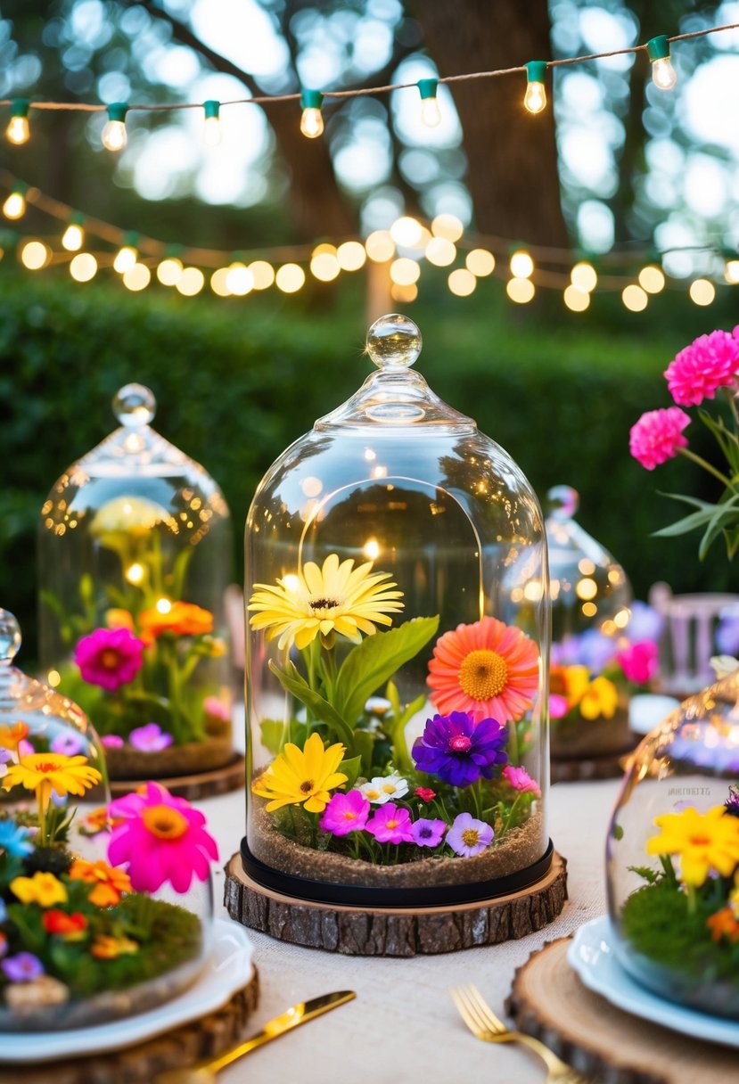 A whimsical garden party with fairy terrariums, colorful flowers, and twinkling lights