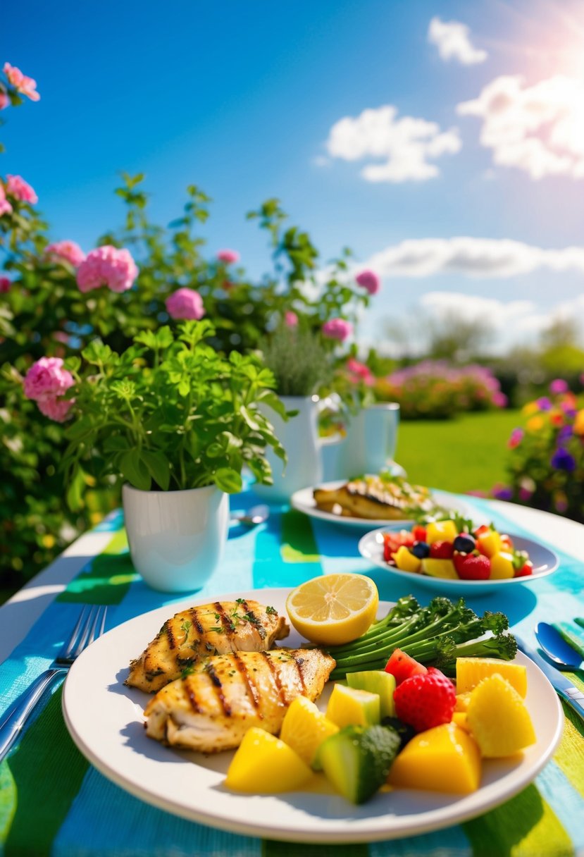 A table set with lemon herb grilled chicken, fresh garden vegetables, and colorful fruit salad under a sunny sky with blooming flowers