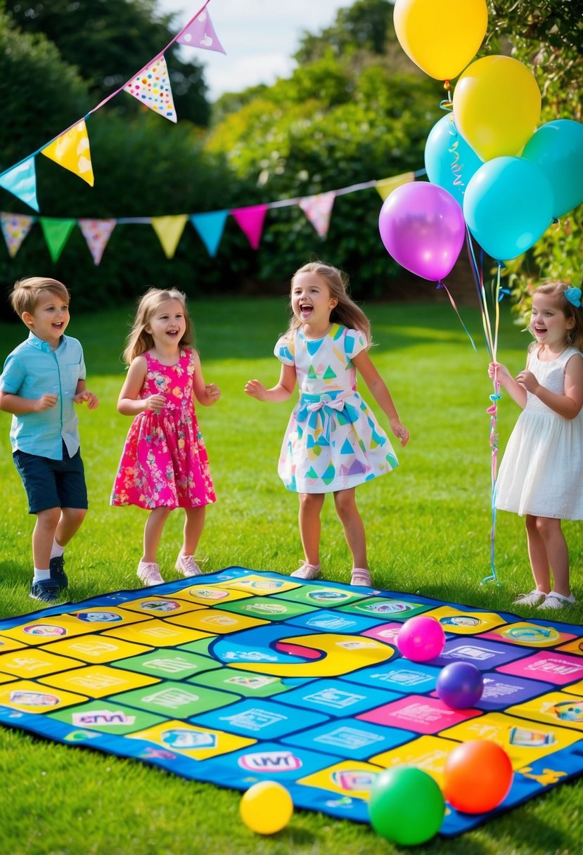 A colorful Twister game mat is spread out on the lush green grass, surrounded by cheerful balloons and bunting. Children laugh and play, their joyful voices filling the sunny garden