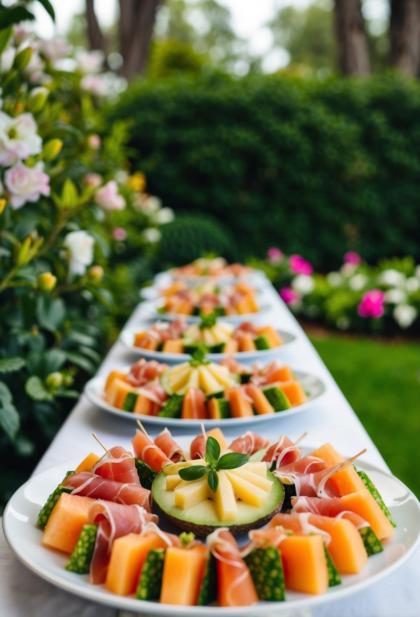 A table set with a variety of bite-sized prosciutto and melon appetizers, surrounded by lush greenery and blooming flowers