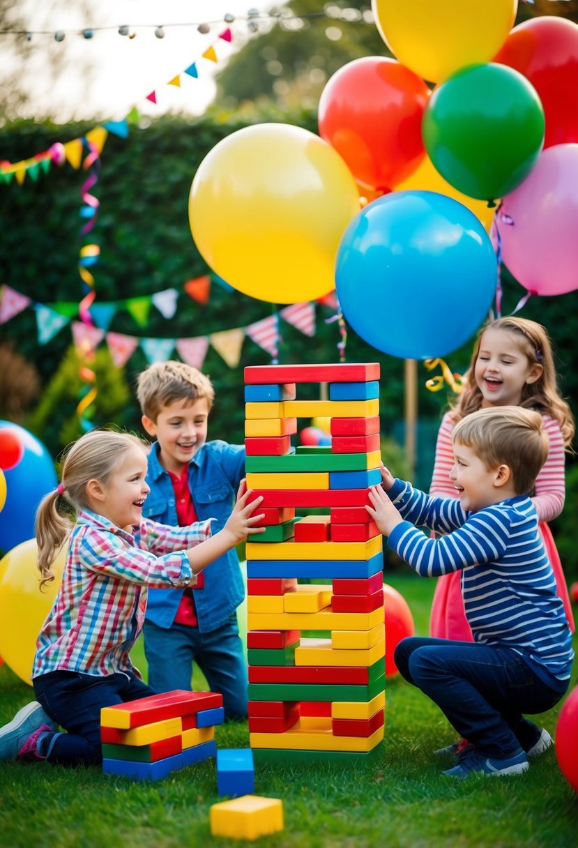 A group of kids play giant Jenga in a colorful garden, surrounded by balloons and festive decorations. Laughter and excitement fill the air