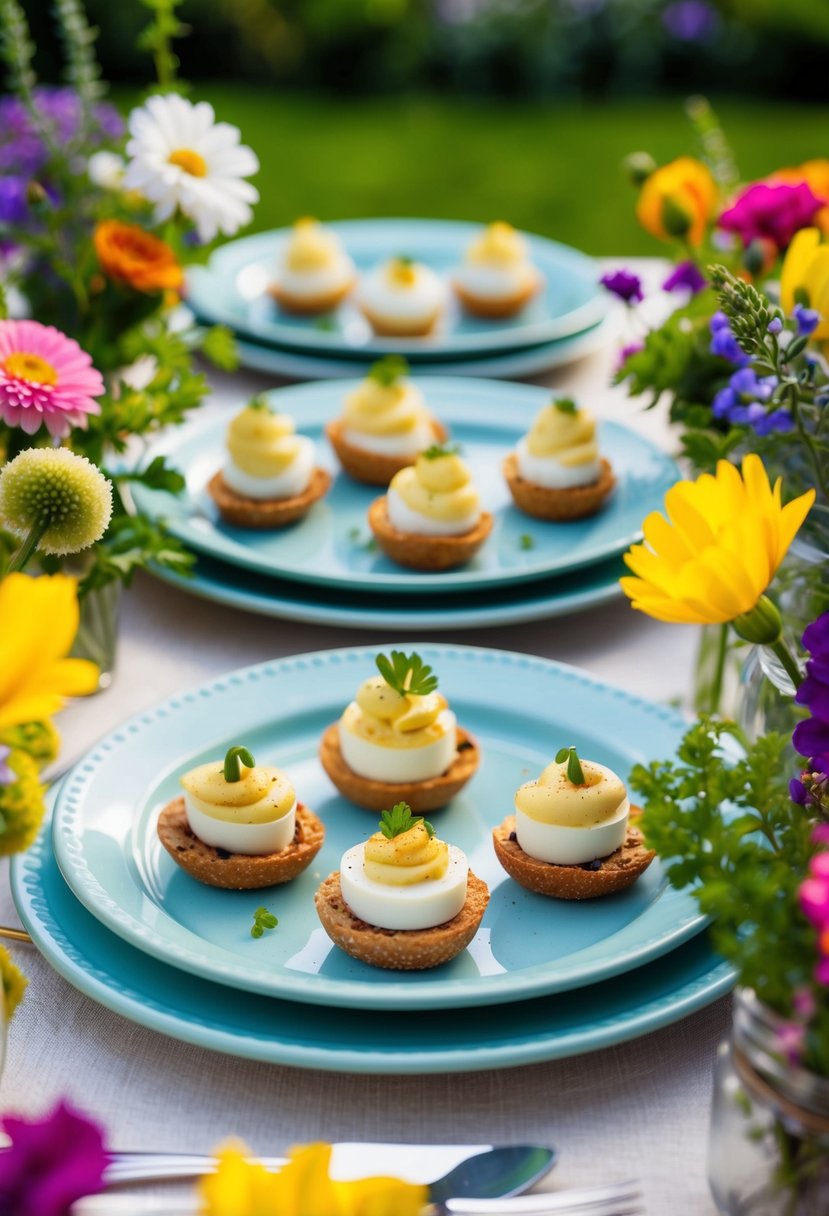 A table set with deviled egg tartines, surrounded by colorful flowers and greenery for a garden party lunch menu