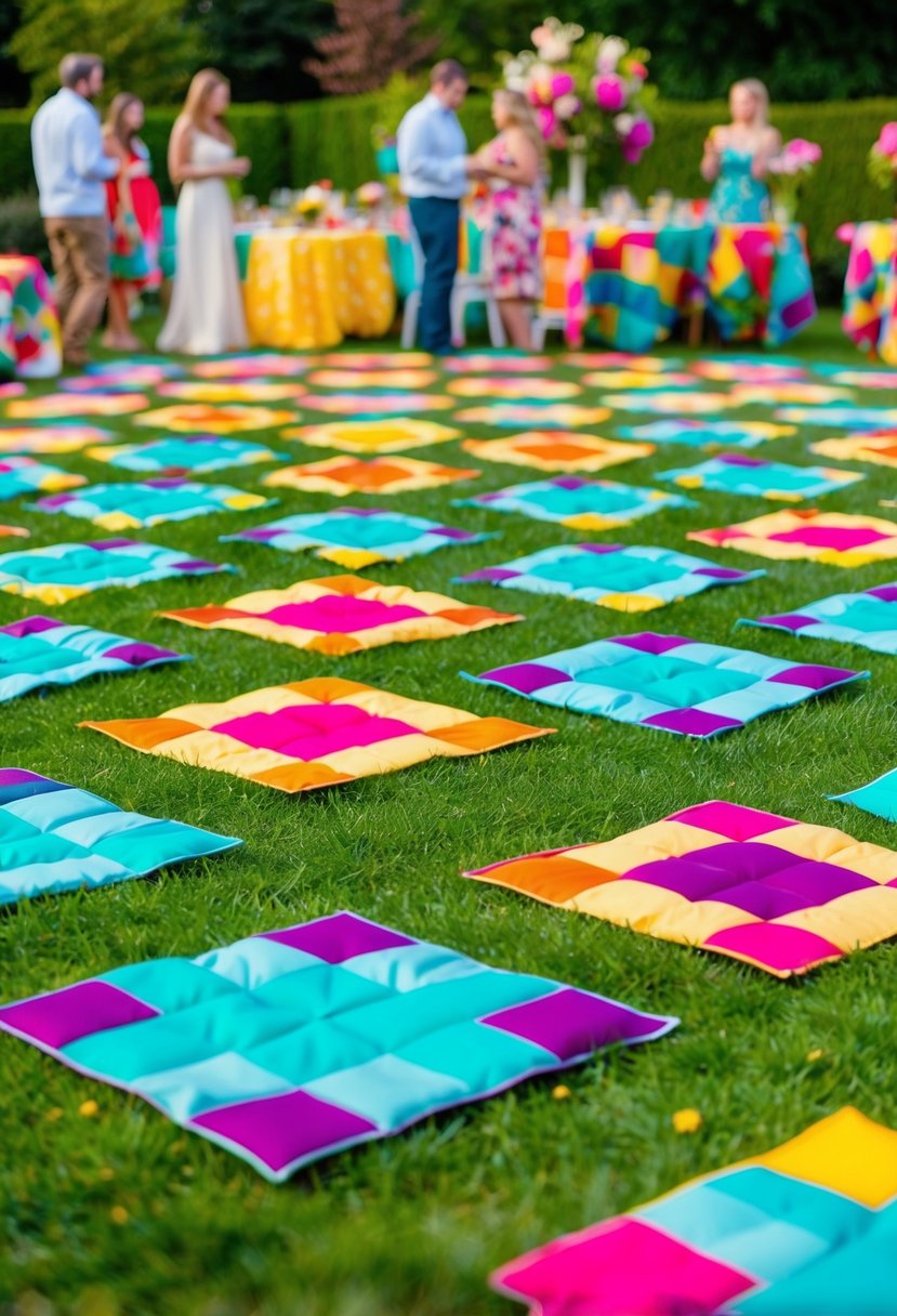 A colorful garden with blooming flowers and quilted patterns spread out on the grass for a lively outdoor party