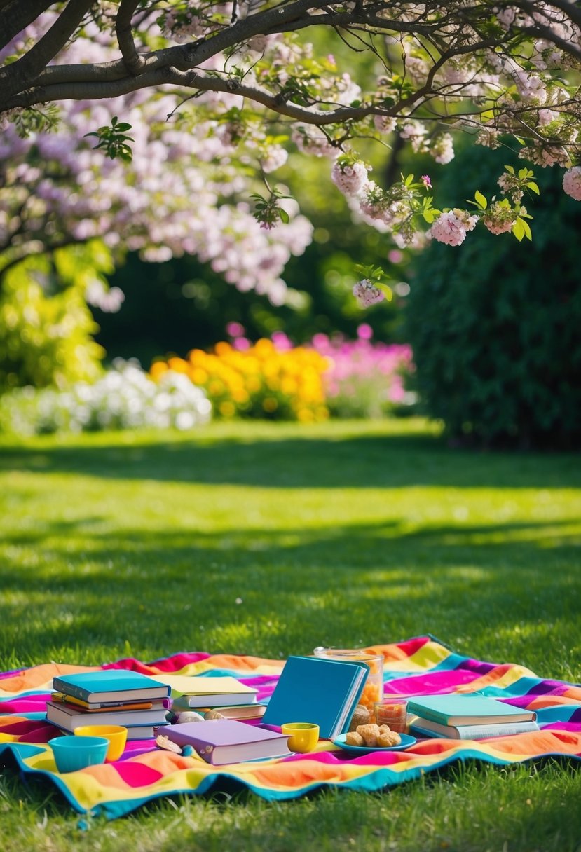 A colorful picnic blanket spread with books and snacks under a shady tree in a blooming garden