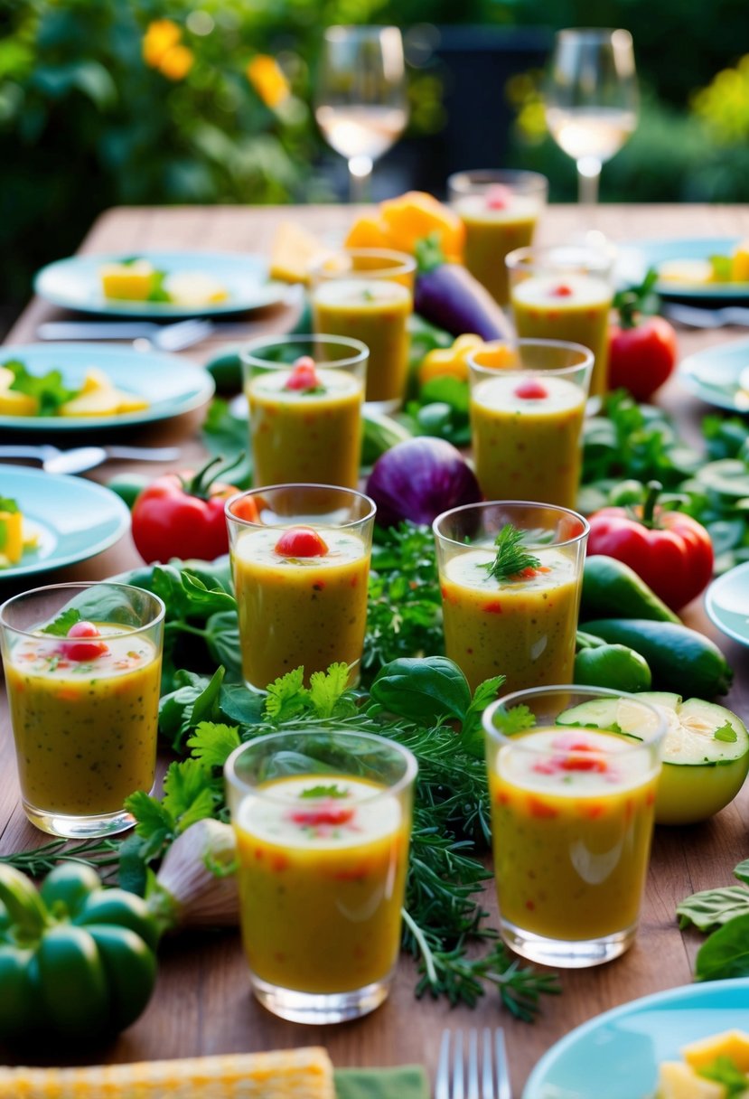 A table set with colorful chilled gazpacho shooters surrounded by fresh vegetables and herbs, with a garden backdrop