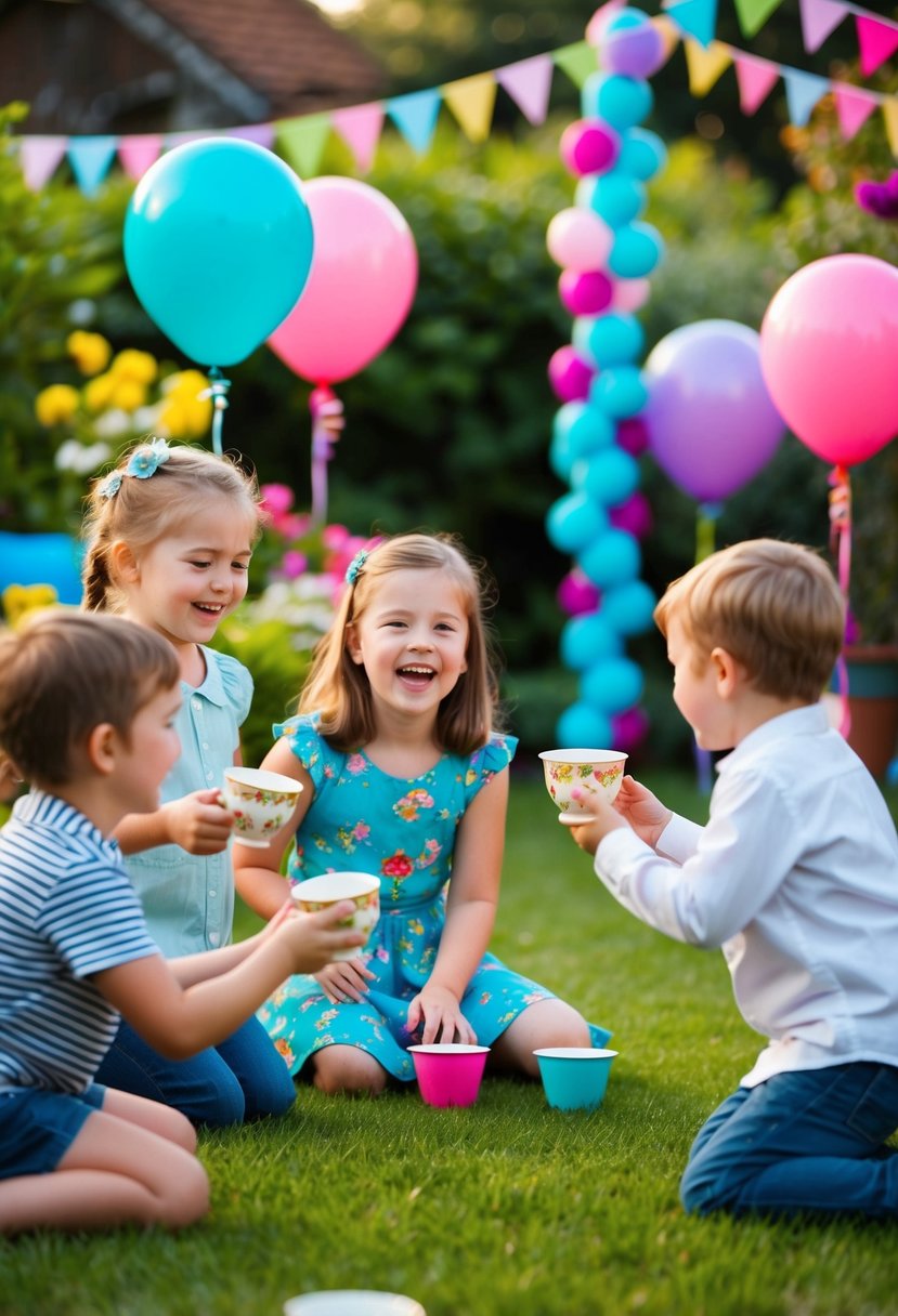 Children playing tea cup toss game in a vibrant garden, surrounded by colorful decorations and balloons. Laughter fills the air as they take turns aiming and tossing the cups