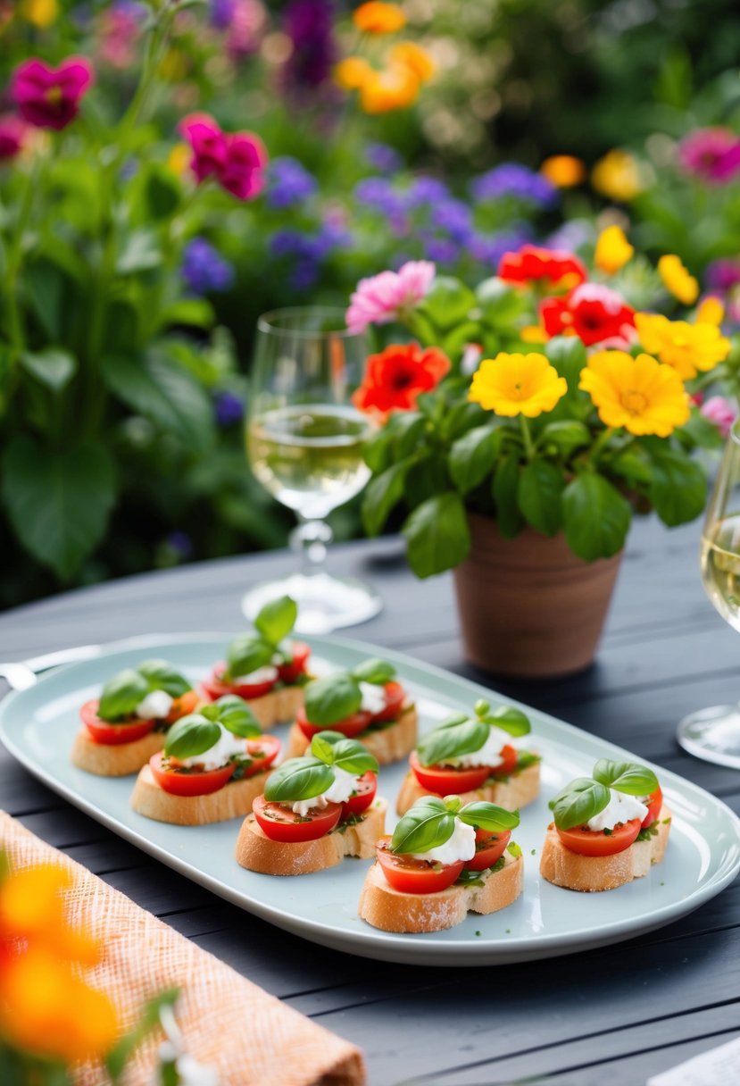 A table set with a platter of bruschetta topped with fresh tomatoes and basil, surrounded by colorful garden flowers and greenery