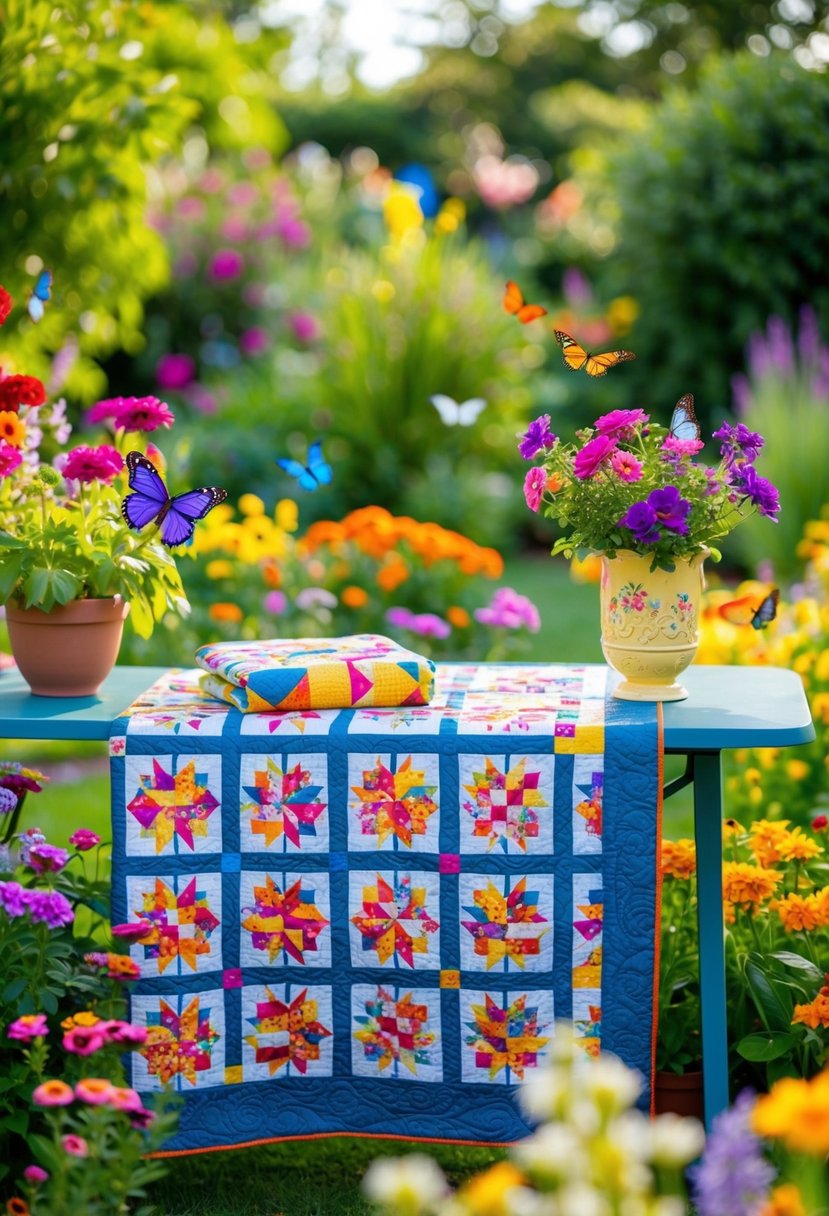 A lively garden filled with colorful flowers and butterflies, with a quilt pattern displayed on a table