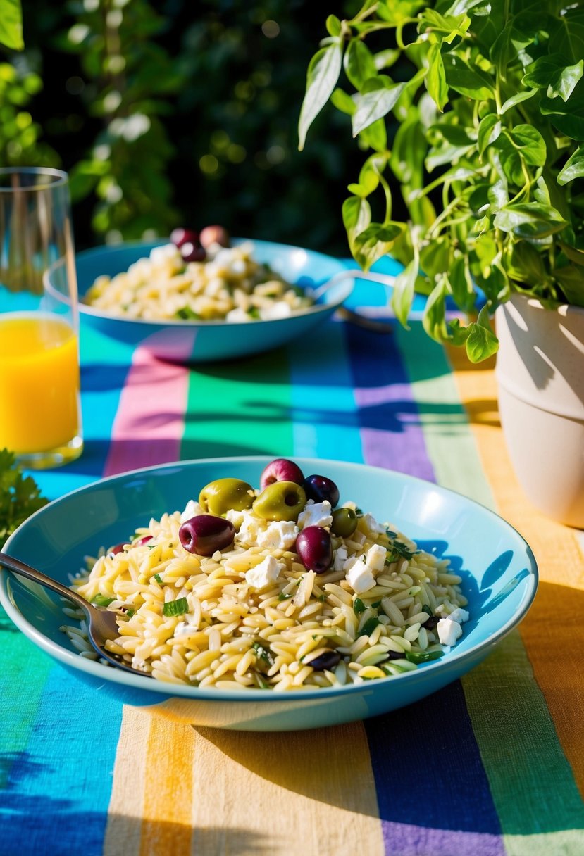A colorful garden spread with a vibrant orzo salad topped with crumbled feta and scattered with plump olives. Sunlight filters through the foliage, casting dappled shadows on the table